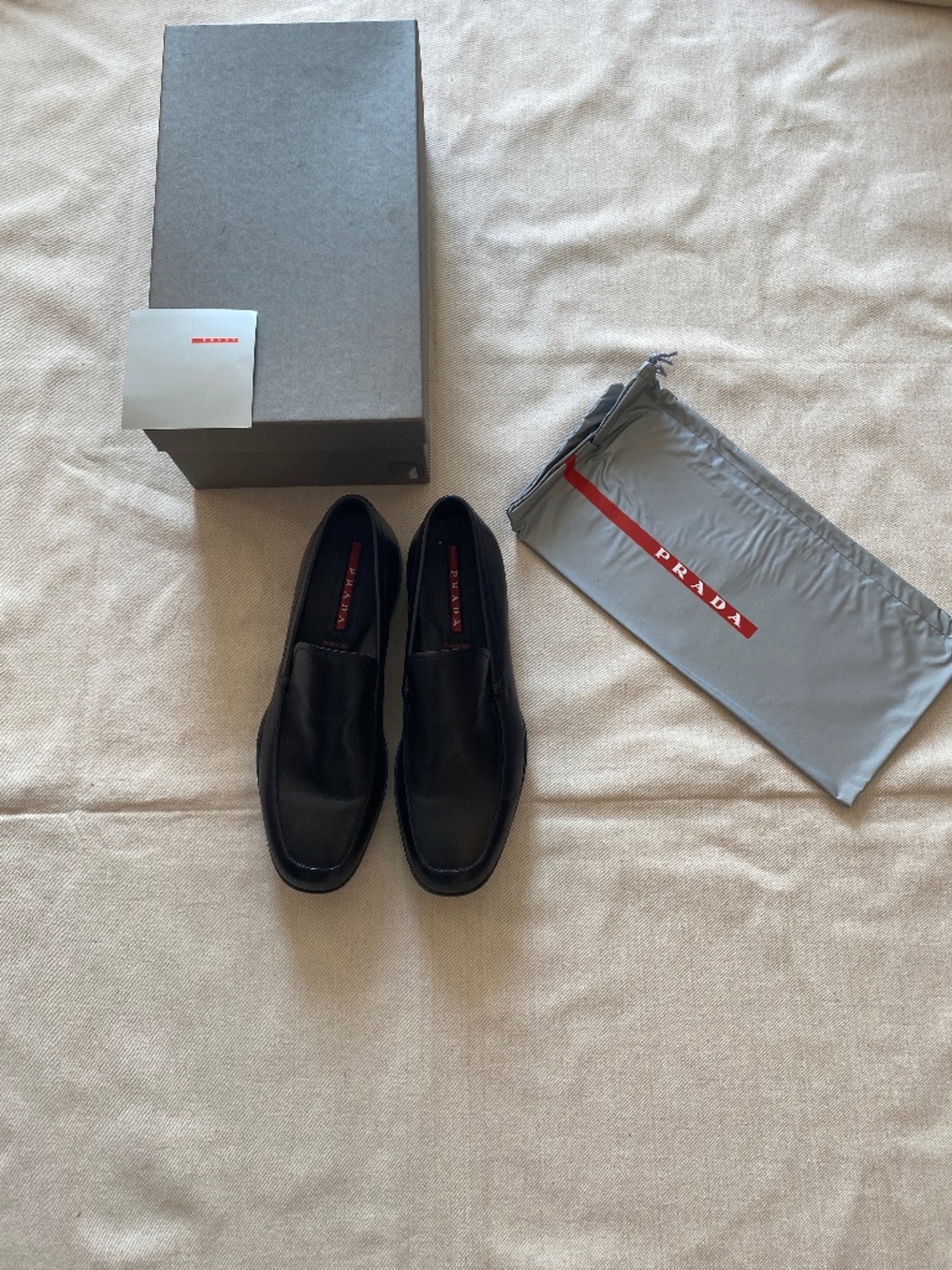 Prada Linea Rossa Black Leather Rubber Sole Slip On Loafers Size 11